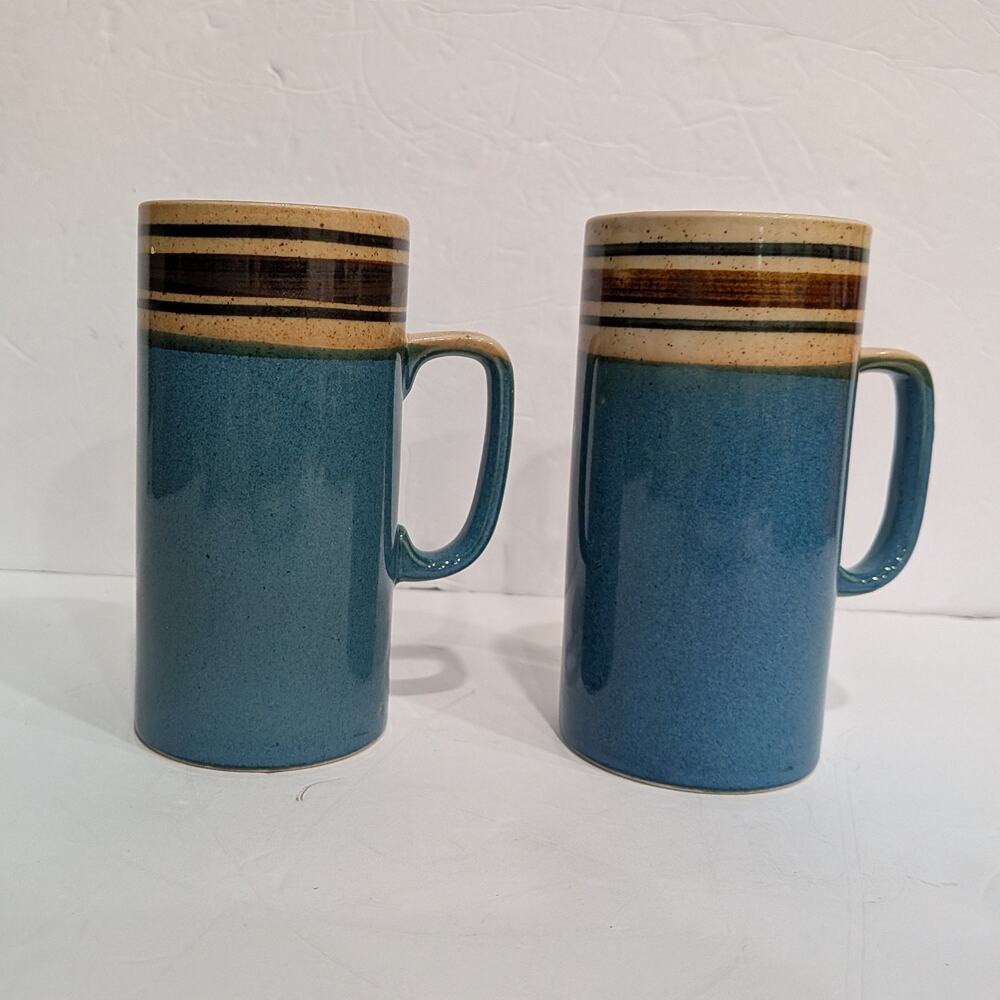 Vintage Stoneware Tall Mugs Set of 2 Blue Speckled Tan Brown Striped Boho MCM